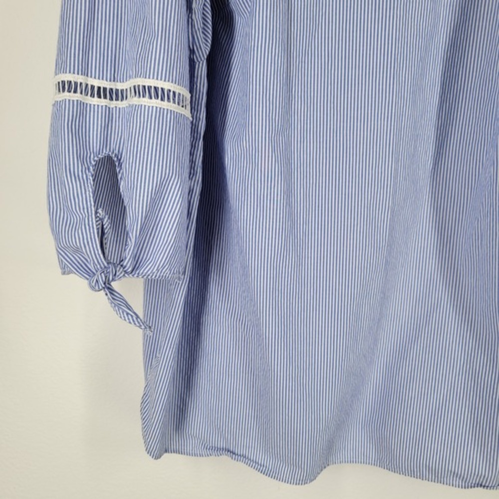 Talbots Plus 1X Blue White Stripe Blouse Top Tie cuffs Boho lace inset - Picture 3 of 8
